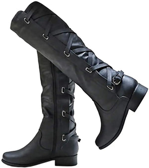 Womens Lace Up Knee High Boots Motorcycle Riding Flat Low Heels Strappy Winter Boots Mimarta