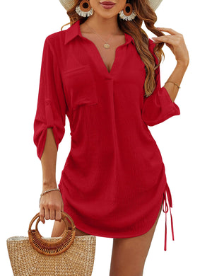 Blooming Jelly Womens Bathing Suit Cover Ups Bikini Swimsuit Coverup Drawstring Beach Dress Shirt Large Red Rieworkes