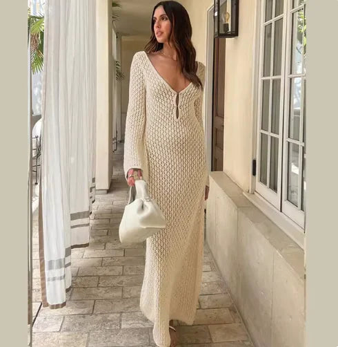 Elegant Sheer V-Neck Knitted Beach Dress – Long Sleeve Cover-Up for Summer & Fall Rieworkes