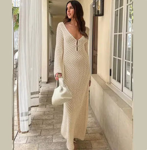 Elegant Sheer V-Neck Knitted Beach Dress – Long Sleeve Cover-Up for Summer & Fall Rieworkes