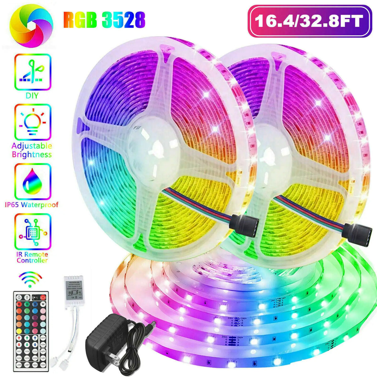 32FT LED SMD Strip Light Flexible 3528 RGB Remote Fairy Lights Room TV Party Bar Rieworkes
