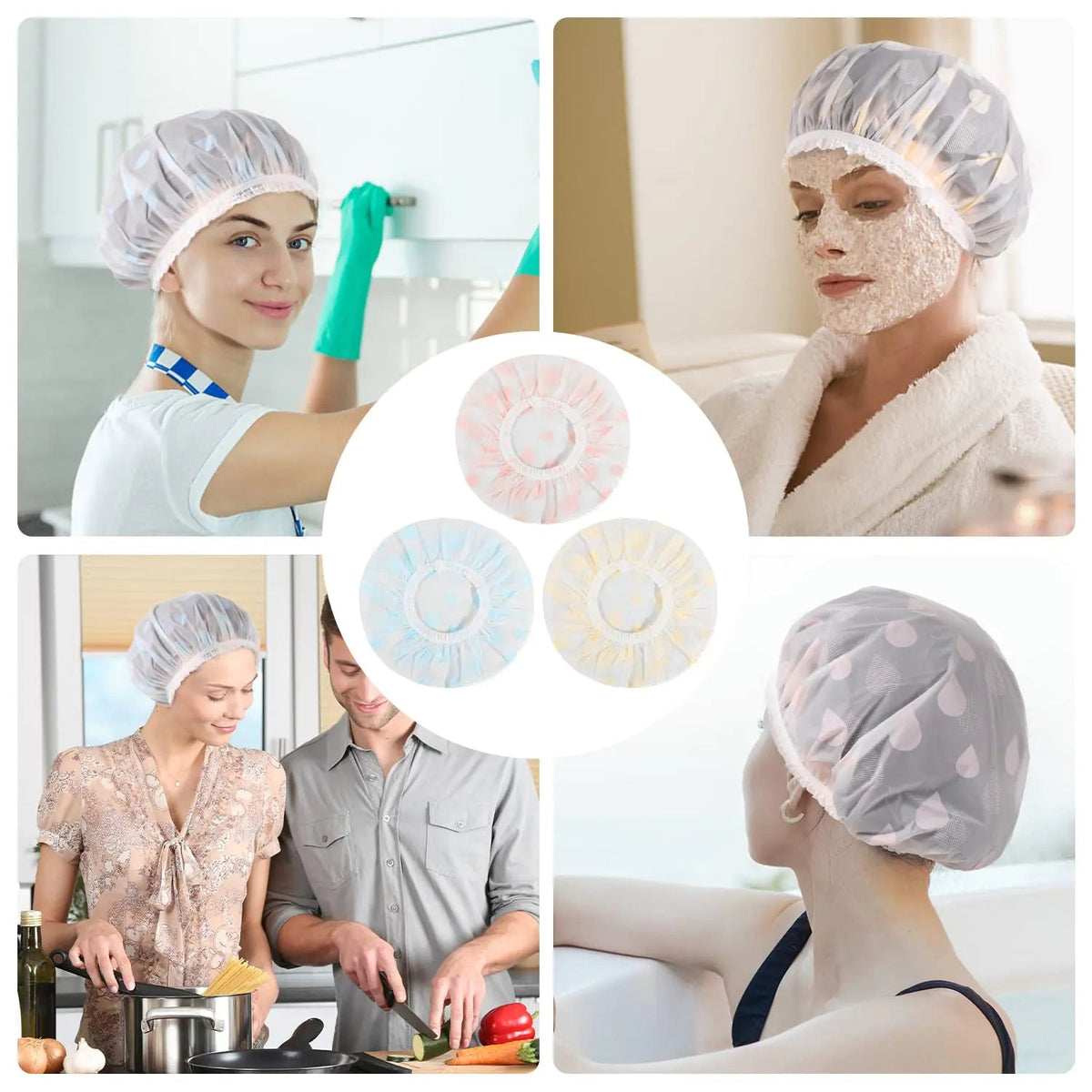 Waterproof Shower Caps, 3 Pcs Plastic Reusable Shower Caps Elastic Band Bath Caps for Women Ladies Spa Salon F Rieworkes