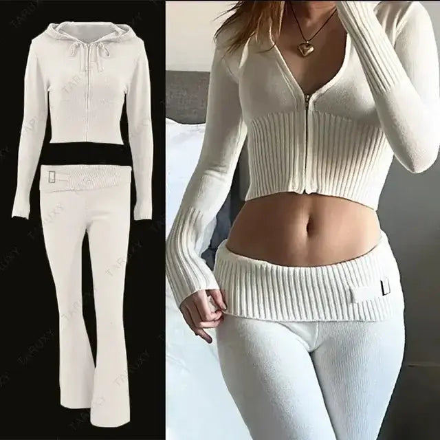Knitted Hoodie Cropped Top And Pants Set Rieworkes