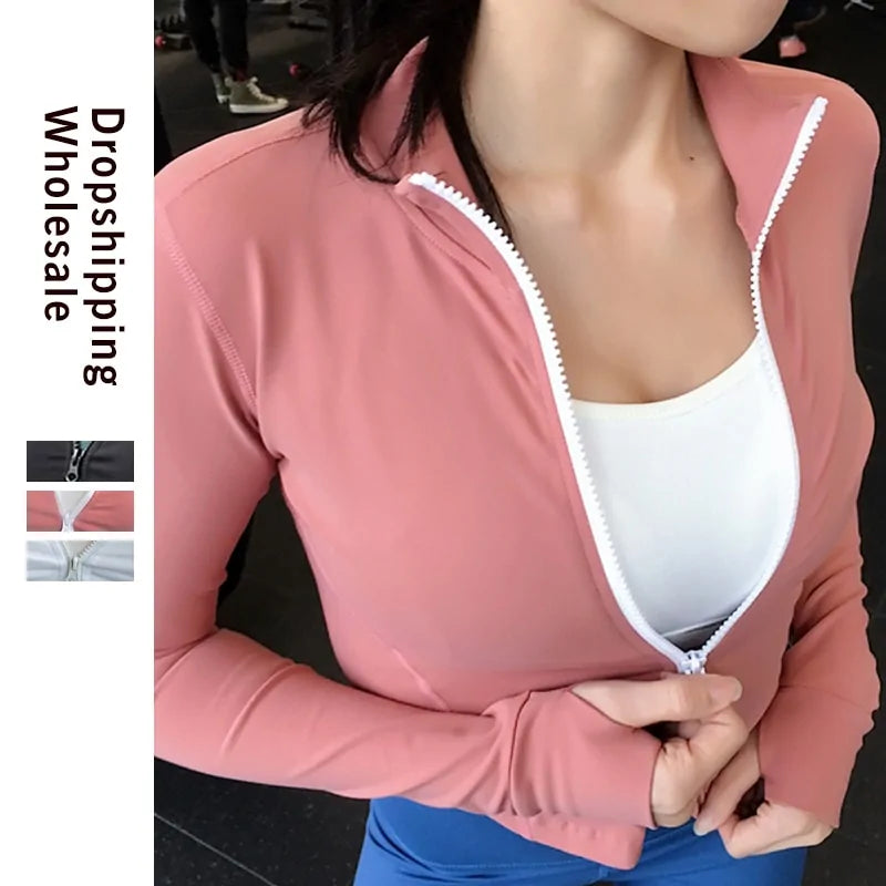 Women's Slim Zipper Sports Gym Running Long Sleeve Crop Tops Rieworkes
