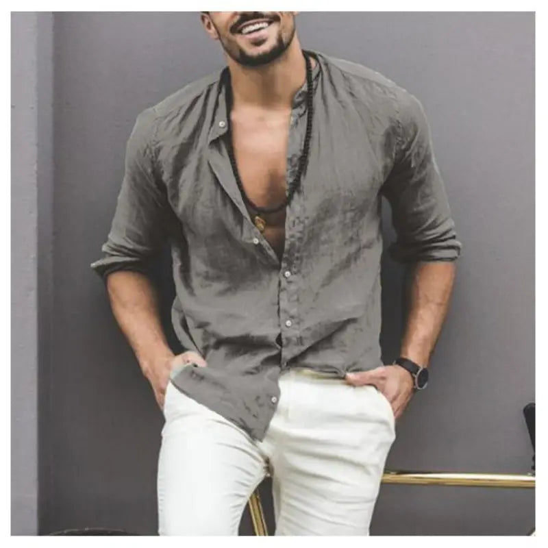 Solid Color Long Sleeve Button Stand Collar Men's Shirt Rieworkes