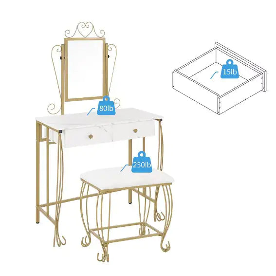 Vanity Table Set With Mirror &amp; Stool,White Makeup Dressing Desk With Drawers For Girls,Women,Bedroom,Gift Rieworkes