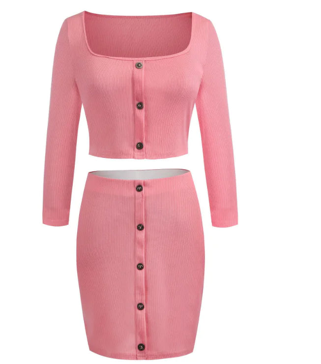 Buttoned Shoulder Off Long Sleeve Skirt Set Mimarta