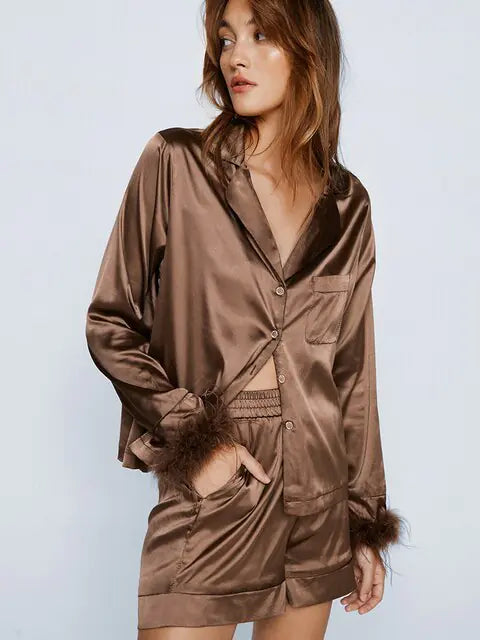 Linad Feathers Pajamas For Women 2 Piece Sets Brown Long Sleeve Rieworkes