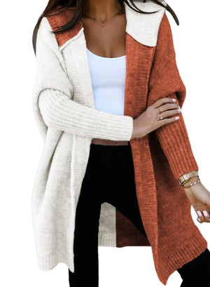 Astylish Women 2024 Open Front Long Sleeve Hooded Knit Cardigan Sweaters Color Block Outwear Coat Medium Brown Rieworkes