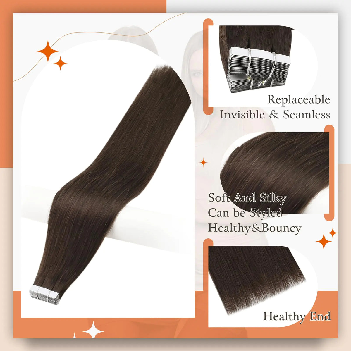 Full Shine Tape in Hair Extensions Remy Human Hair Invisible Skin Weft Color 2 Dark Brown Tape Hair Extensions Brazilian Hair 18 Inch 50 Gram Per Package 20 Pieces Seamless Human Hair Extensions # 2 Brown Rieworkes