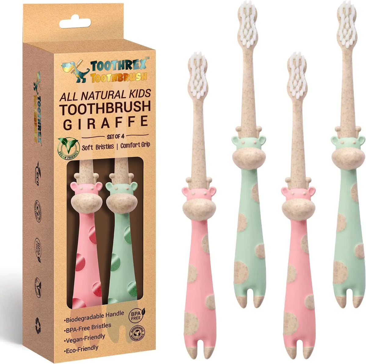 ROARex® All-Natural Eco Friendly Kids Toothbrush Made from Plants - Giraffe 4-36m - Baby to Toddler - Mint/Rose - 4pk | 1% for The Planet Product Mimarta
