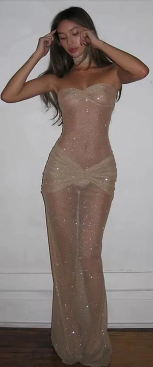 Elegant Sequin Maxi Dress – Strapless, Backless, and Ruched with See-Through Accents for Prom and Evening Events Rieworkes