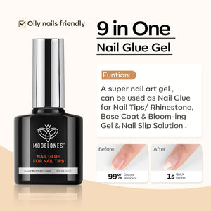 modelones 9 in One Nail Glue with Gel Top and Base Coat Gel Nail Kit, No Wipe Base Coat Long Lasting Glossy Top Coat 3Pcs Gel Nail Glue for Nail Tips, Blooming Gel, Rhinestone Glue A2-3pcs Nail Glue Rieworkes