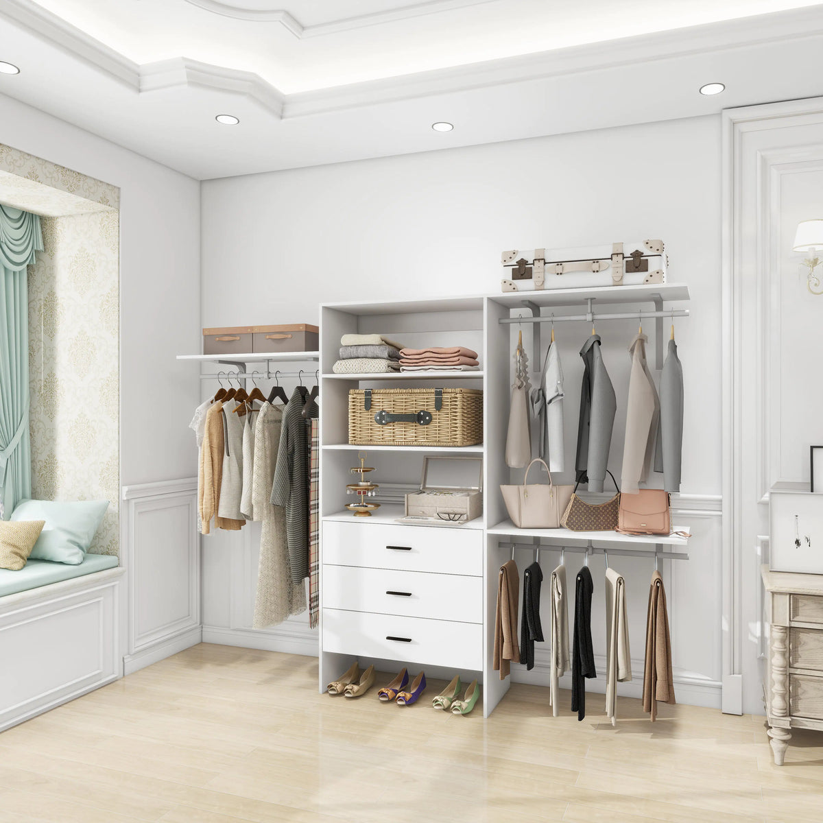 306 Closet Organizer System with Closet Shelves Wall Mounted, White Clothing Racks for Hanging Clothes, Clothes Organizer with Closet Drawers, Wooden Wardrobe Closet System with Hanging Rod Rieworkes