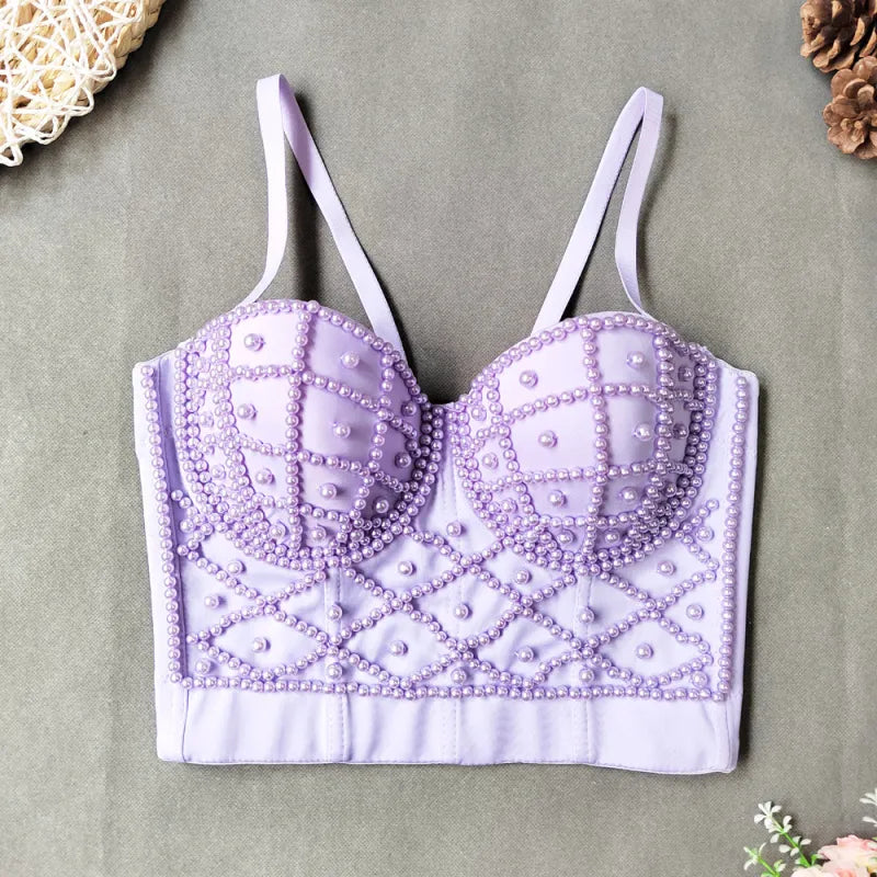 Women's Fashionable Elegant Pearl Spaghetti-strap Camisole Top With Chest Pad Rieworkes