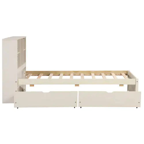 Modern Twin Size Bed Frame With Built-in USB Port On Bookcase Headboard And 2 Drawers For White Washed Color Rieworkes