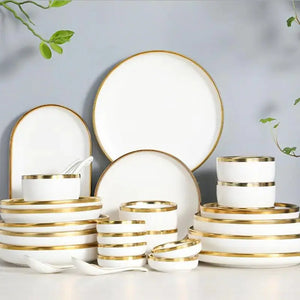 High-quality Matte Gilt Rim White Porcelain Dinner Tray Kitchen Plates Ceramic Tableware Food Dishes Rice Salad Noodles Bowl Rieworkes