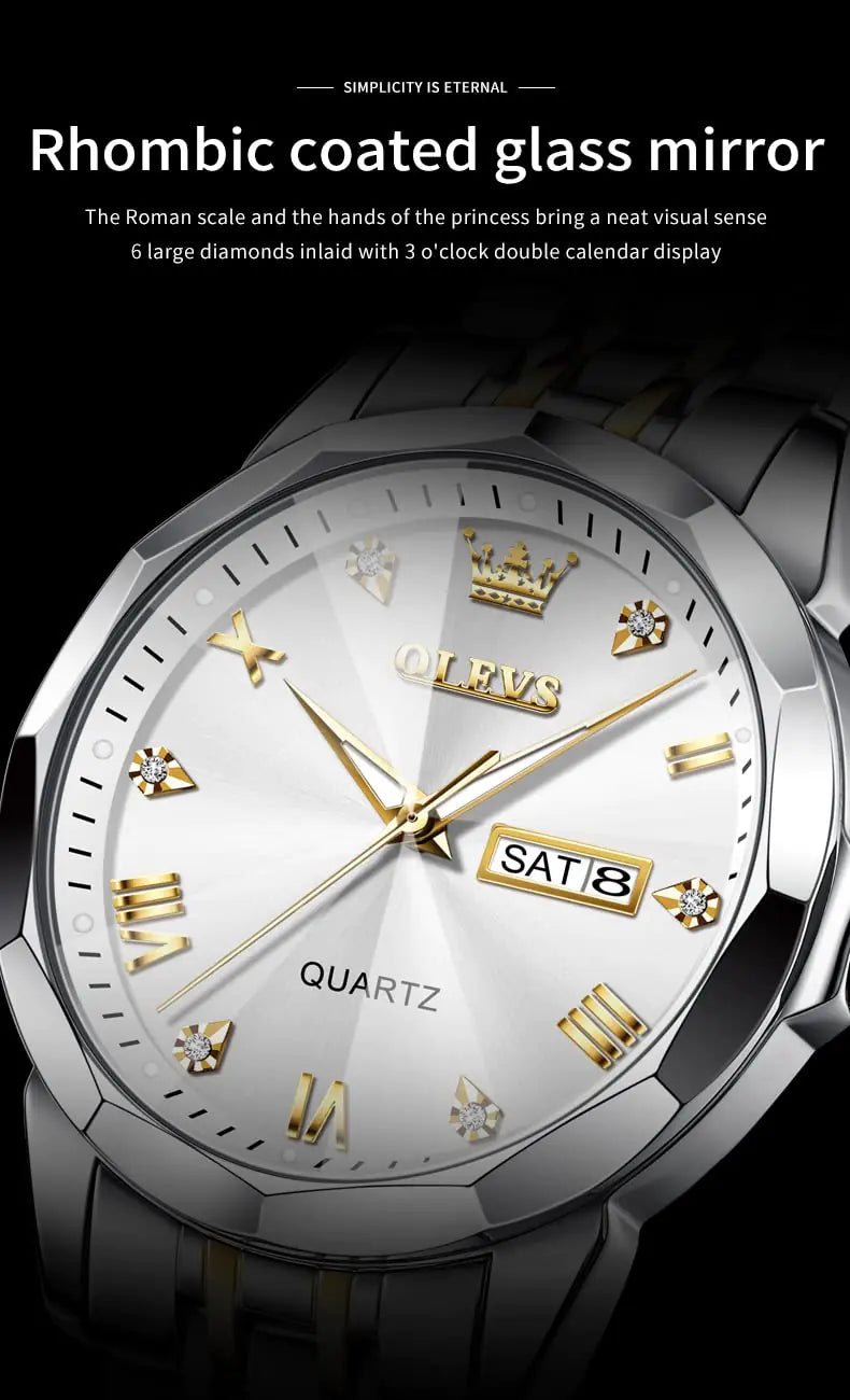 OLEVS Watch for Men Diamond Business Dress Analog Quartz Stainless Steel Waterproof Luminous Date Two Tone Luxury Casual Wrist Watch silver watch for men Rieworkes