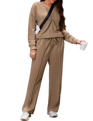 LUOFEN Womens Sweatsuits 2 Piece Set V Neck Sweatshirt 2024 Fall Fashion Track Suits Wide Leg Sweatpants Mimarta