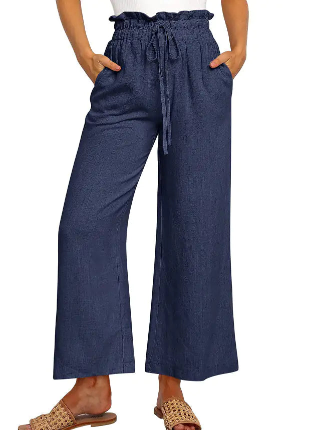Elastic Waistband Lace-up Wide Leg Pants Solid Color Cropped Pants Rieworkes