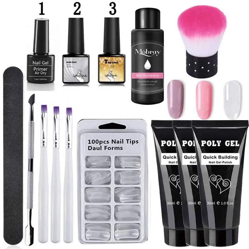 French Nail Art Poly Gel Kit with UV Brush and Nail Tips Rieworkes