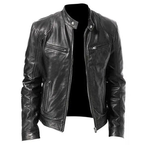 Men's Zip Cardigan PU Leather Jacket With Stand Collar Rieworkes