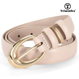 Women Leather Belt for Jeans Pants Fashion Ladies Skinny Faux Leather Dress belt with Gold Buckle Fit Wasit Size 27"-31" Beige Rieworkes