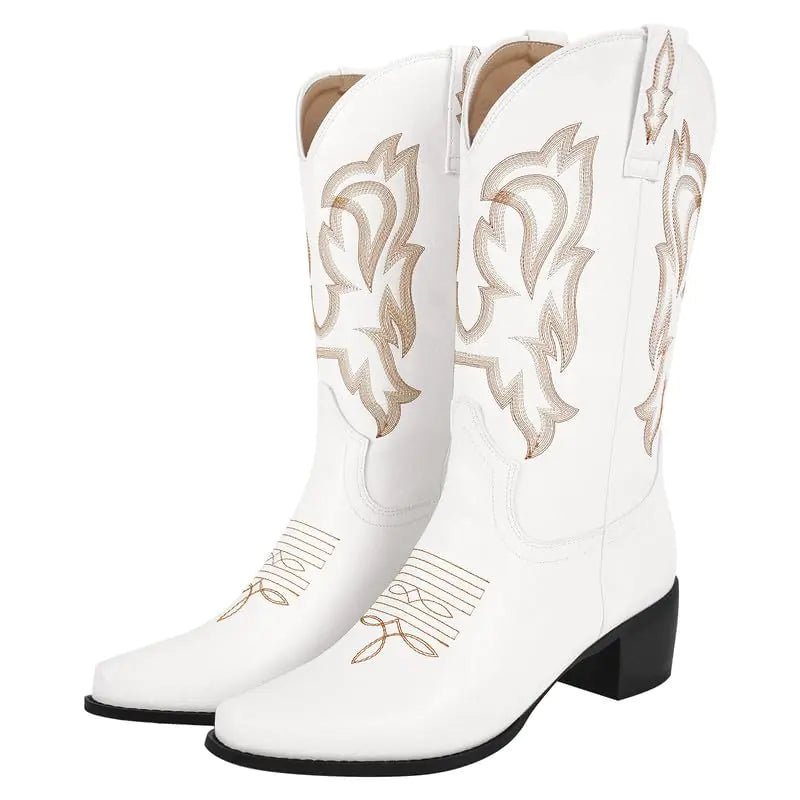 richealnini Western Boots Cowboy Cowgirl Boots with Block Heels Sexy Heels for Women Pull On Embroidered Wide Calf Boots Wedding Shoes White Size 9 Mimarta