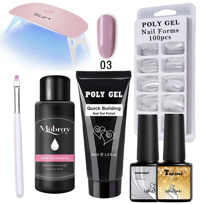 French Nail Art Poly Gel Kit with UV Brush and Nail Tips Rieworkes