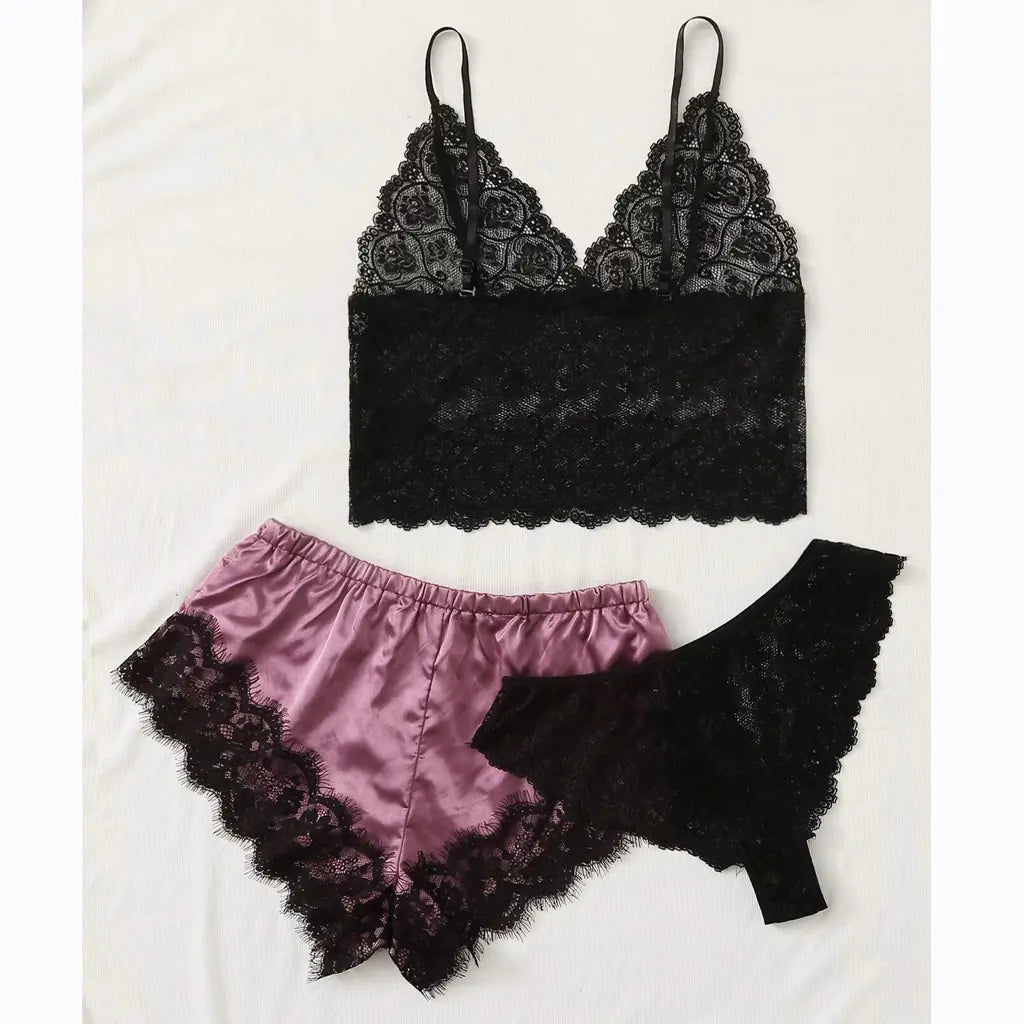Women's 3-Piece Lace Pajama Set with Shorts and Top Mimarta