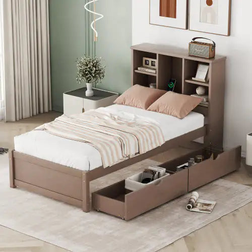 Modern Twin Size Bed Frame With Built-in USB Port On Bookcase Headboard And 2 Drawers For Walnut Color Rieworkes