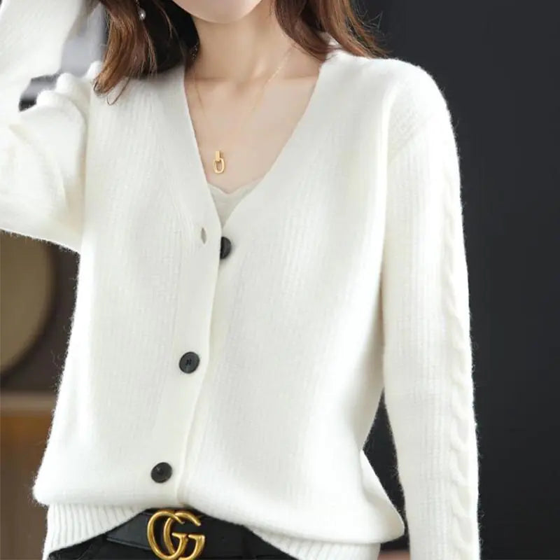 Korean Commute Solid Color V-Neck Cardigan Sweaters for Women Rieworkes