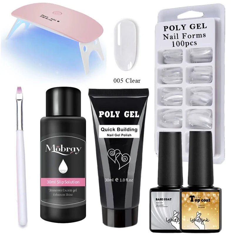 French Nail Art Poly Gel Kit with UV Brush and Nail Tips Rieworkes