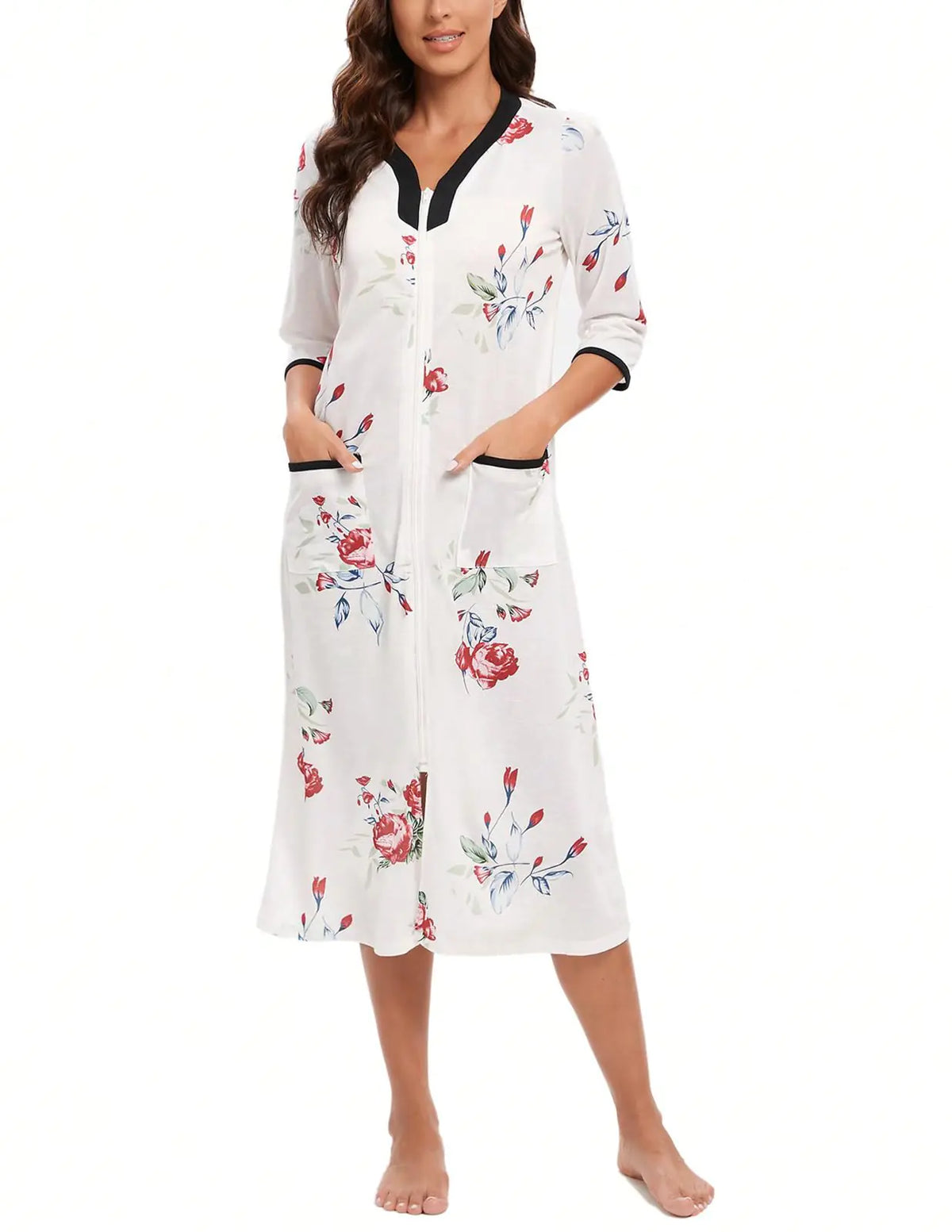 YARISNEY Womens Half Sleeve House Dress Zipper Front Housecoat with Pockets (White FloralS) Mimarta