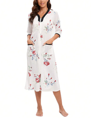 YARISNEY Womens Half Sleeve House Dress Zipper Front Housecoat with Pockets (White FloralS) Mimarta