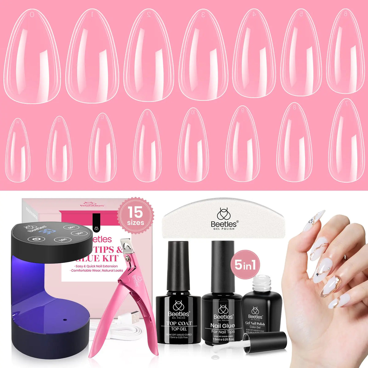 Beetles Gel Nail Kit 600Pcs Medium Almond Nail Tips with Milky White Gel Polish Top Coat, 15 Sizes Soft Clear Gel Nail Tips 5 In 1 Nail Glue Uv Nail Lamp for Nail Extension DIY Nail Salon Gift for Her B-Medium Almond 600pcs(Gel Polish & Top Coat） Rieworkes