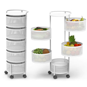 JAQ Rotating Fruit Basket 5-Tier Metal Sturdy Kitchen Storage Rack Shelf Carts No Assembly on Rolling Wheels for Fruit Vegetable Grocery Corns Potato Onion (White 5-Tier) Mimarta