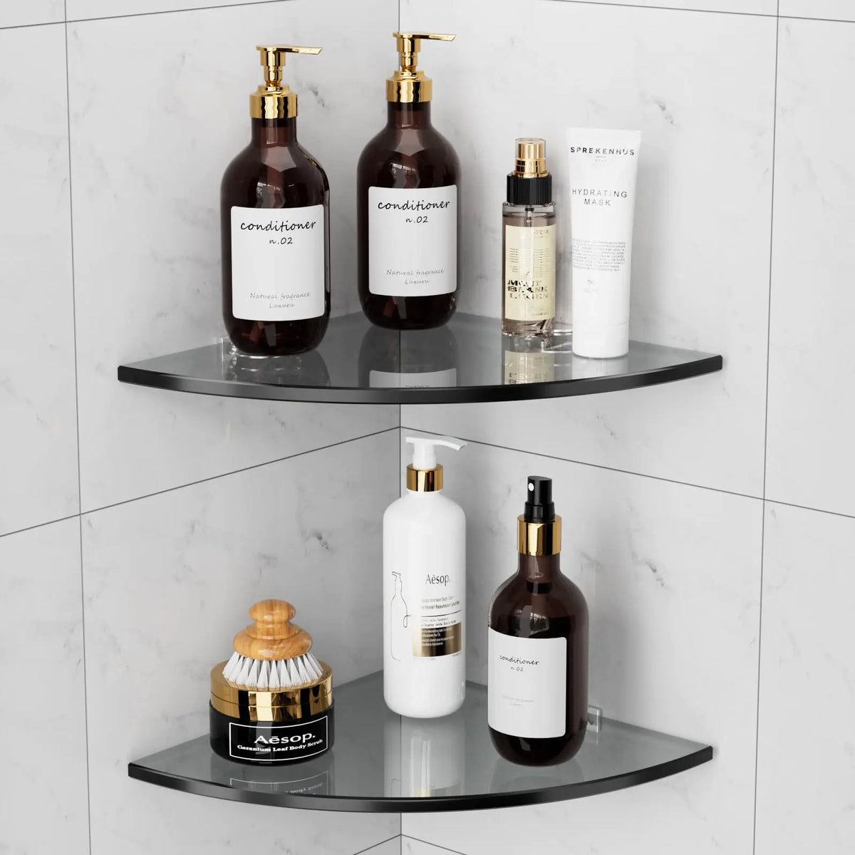 SHUAIAIW 2 Tiers No Drill Corner Glass Shelf Shower Shelf for Inside Shower Shower Wall Organizer Shampoo Holder Corner Shelf for Bathroom KitchenLiving Room (Black) Mimarta