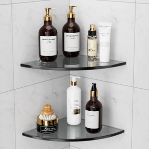 SHUAIAIW 2 Tiers No Drill Corner Glass Shelf Shower Shelf for Inside Shower Shower Wall Organizer Shampoo Holder Corner Shelf for Bathroom KitchenLiving Room (Black) Mimarta