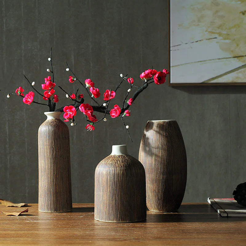 Creative Chinese Style Vase Three-piece Set Simple And Fashionable Wood Grain Rieworkes