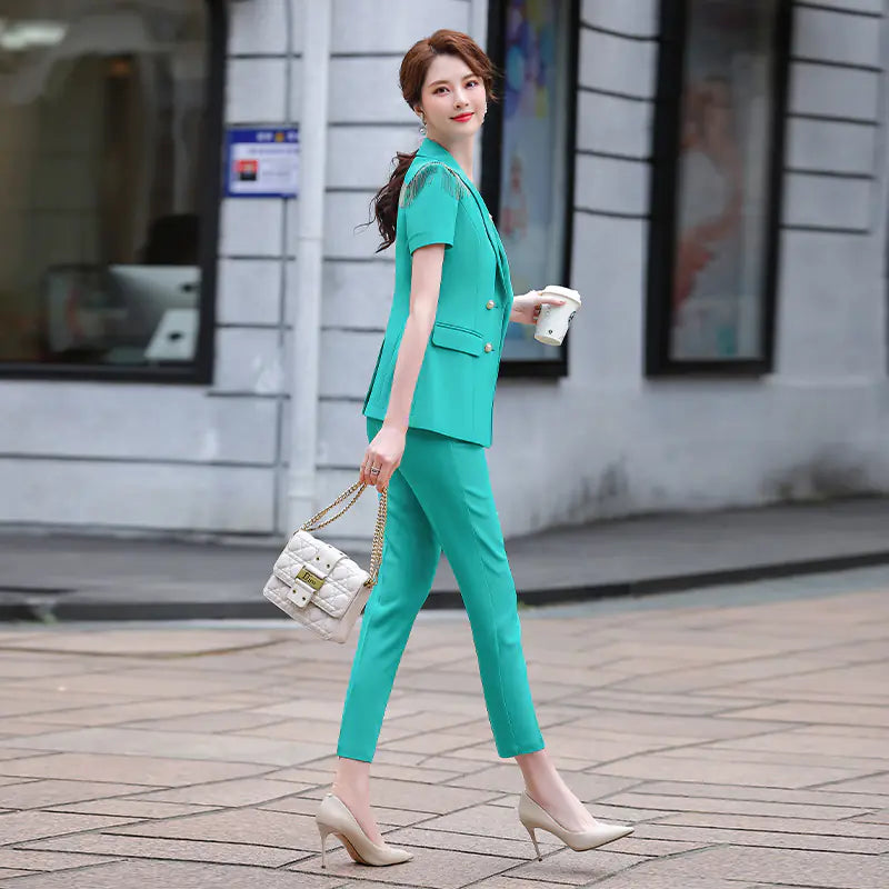 Elegant Green Women's Business Suit with Pants &amp; Jacket Mimarta