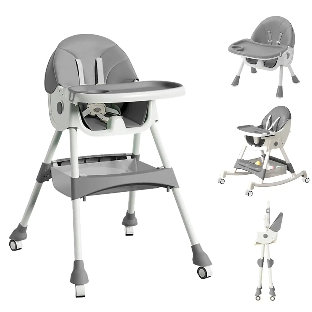 High Chairs for Babies and Toddlers 4 in 1 Convertible Baby High Chair Portable High Chair for Travel with Adjustable Height and Back Foldable High Chair with Wheels& Pu Cushion (Grey) Mimarta