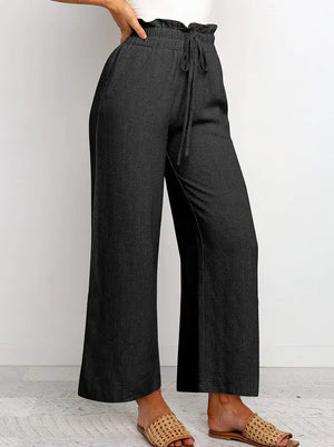 Elastic Waistband Lace-up Wide Leg Pants Solid Color Cropped Pants Rieworkes