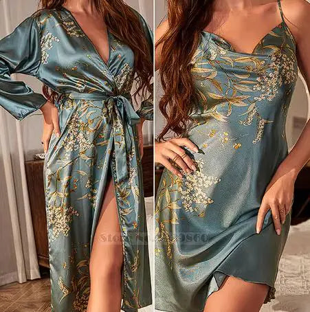 Cherry Print Satin Nightgown & Robe Set Rieworkes