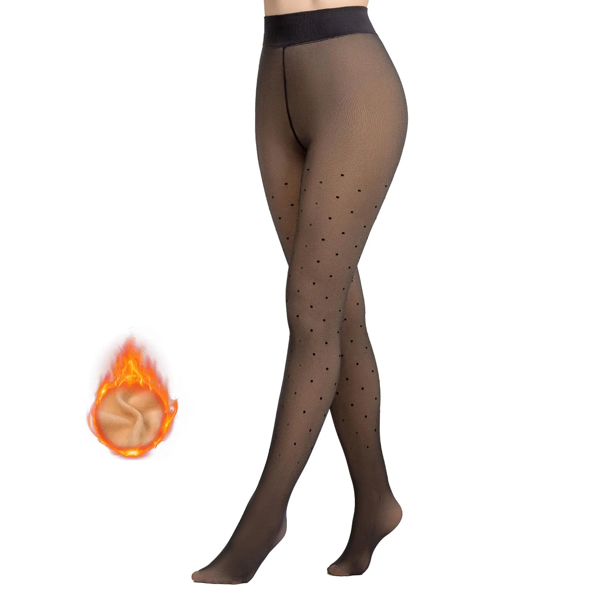 MANZI Womens Polka Dots Fleece Lined Faux Sheer Black Warm Tights Patterned Fake Translucent Winter High Waisted Thick Thermal Stockings L/XL Mimarta