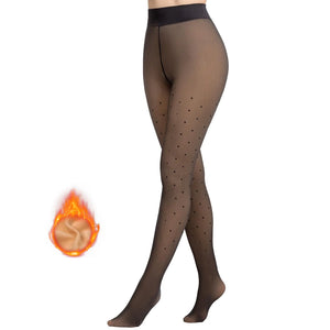 MANZI Womens Polka Dots Fleece Lined Faux Sheer Black Warm Tights Patterned Fake Translucent Winter High Waisted Thick Thermal Stockings L/XL Mimarta