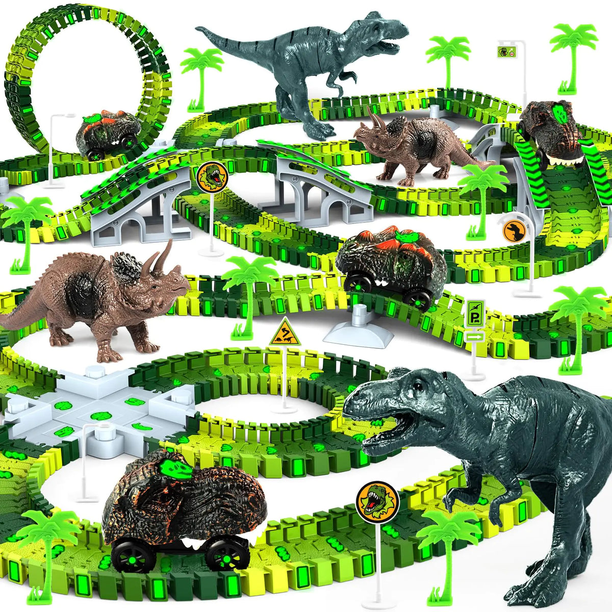 Dinosaur Toys for Kids 3-5 Create A Dinosaur World Road Race Tracks Glow in The Dark Flexible Train Track Playset 2 Dinosaur Car for 3 4 5 6 Year Old Boys Girls Christmas Birthday Gift Mimarta