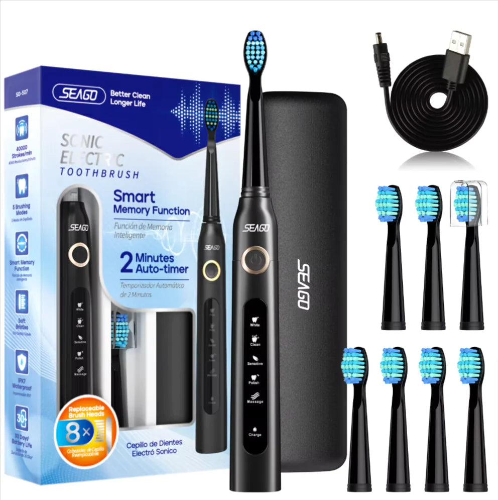 Seago Sonic Toothbrush Electric Toothbrush Cleaning Teeth 5 Modes with 8 Replaceable Brush Heads 2 Min Timer With Portable Box Rieworkes