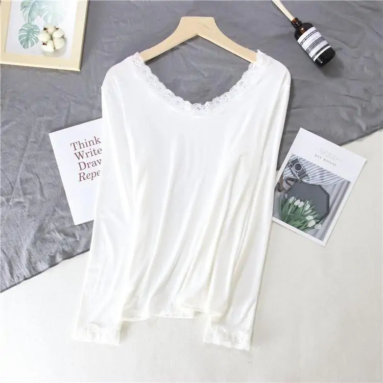 Women Lace V-neck Long-sleeved Thermal  Slim Warm Top Rieworkes