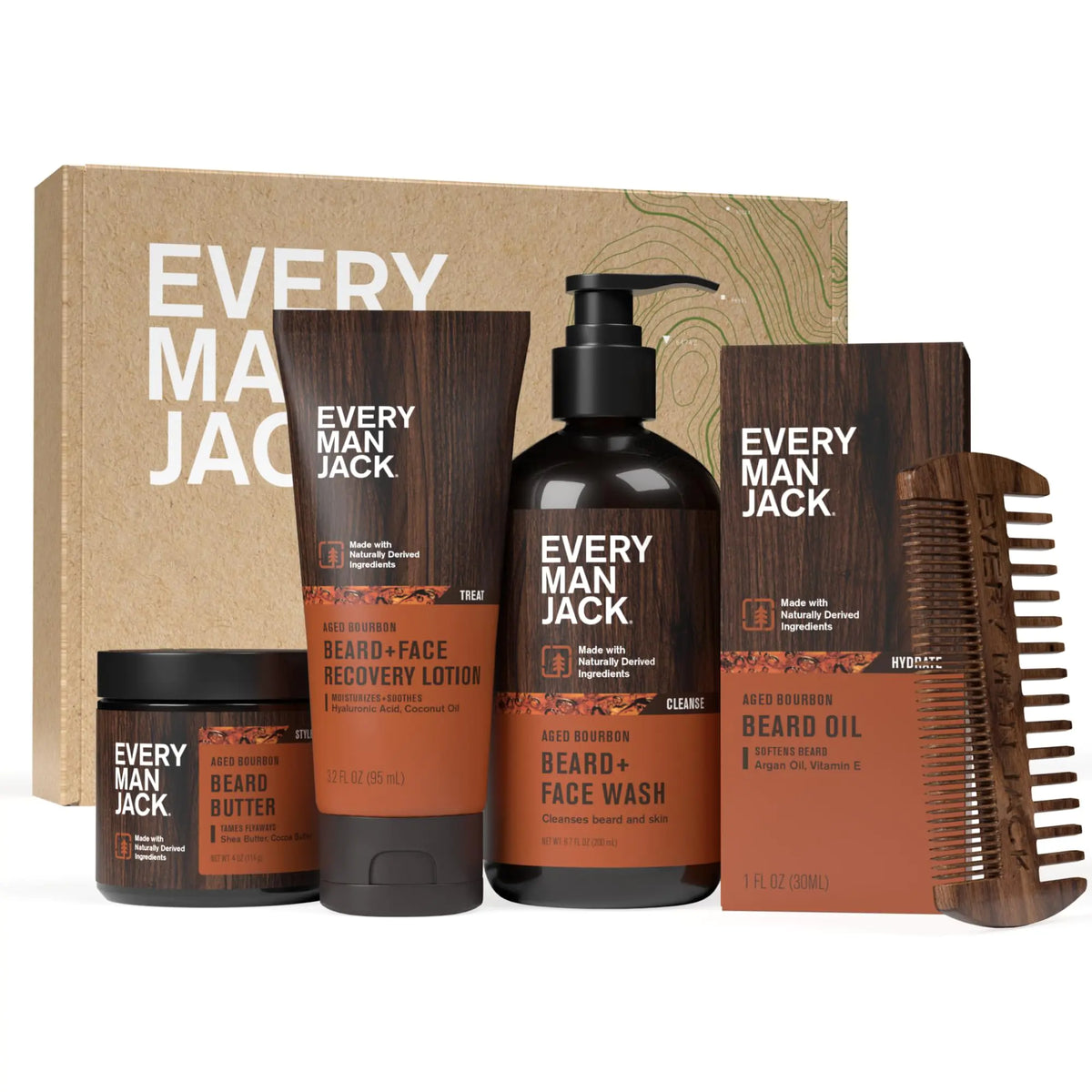 Every Man Jack Mens Aged Bourbon Beard Set - Five Full-Sized Grooming Essentials For a Complete Routine - Beard + Face Wash Beard + Face Lotion Hydrating Beard Oil Beard Butter and Beard Comb Mimarta
